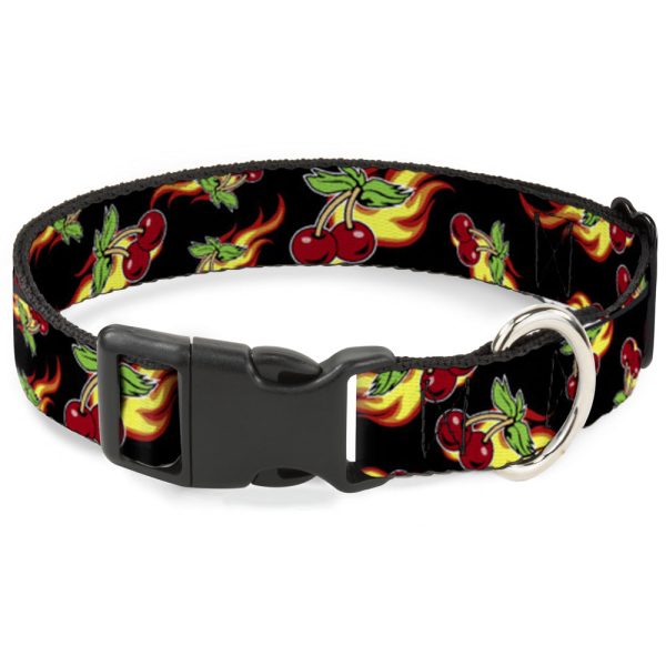 Plastic Clip Collar - Flaming Cherries Scattered Black For Sale